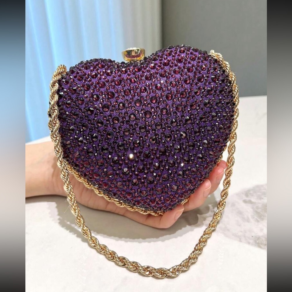 Purple Heart Shaped Rhinestone Inlaid, Metal Chain Strap Handbag / Clutch - Picture 6 of 15